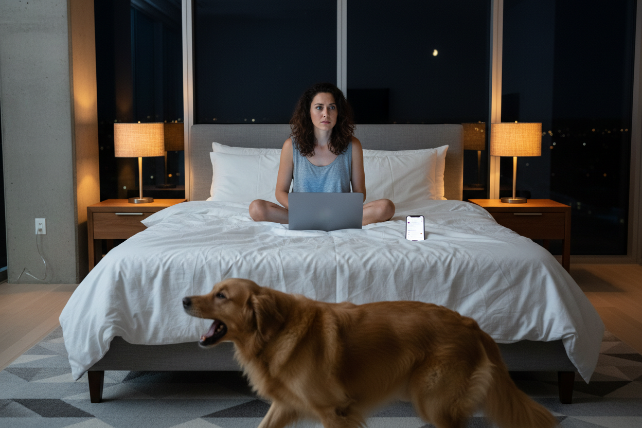 an attractive woman in a modern bedroom, in bed with white comforter and sheets, in the middle of the night, dark outside windows, crazy awake and cannot sleep, with bedside lights on, computer on, phone on, dog barking 